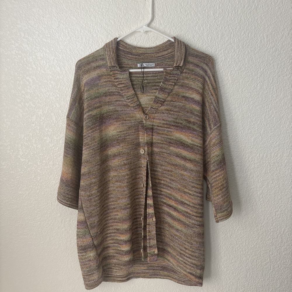 Zara‎ Knit Multicolor Collared Button up Cardigan  Med NWT Grandmacore